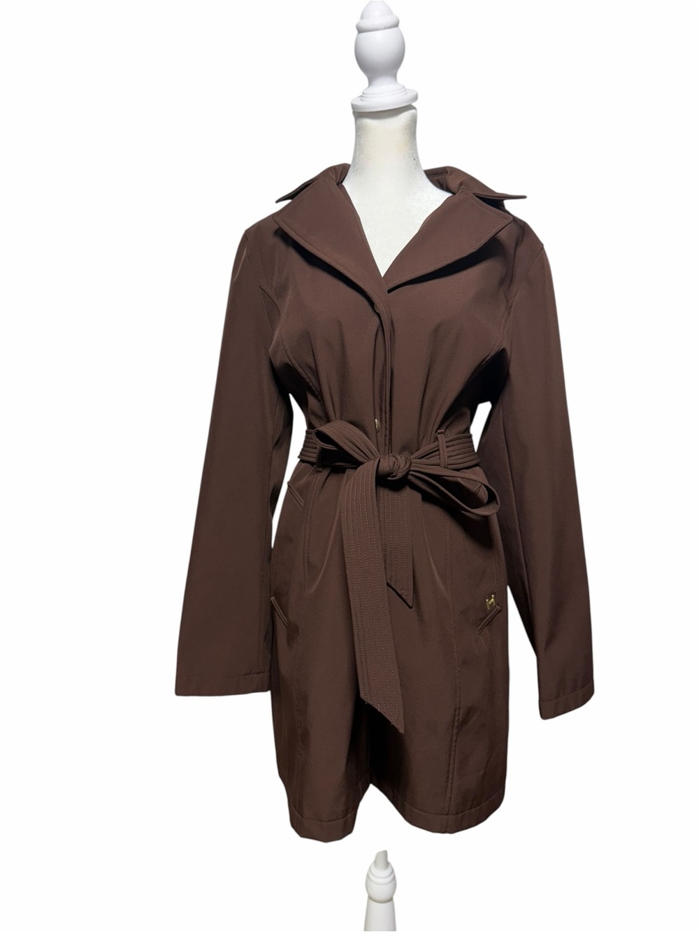 Halston Belted Hooded Trench Coat Brown Water Resistant Midweight Size L